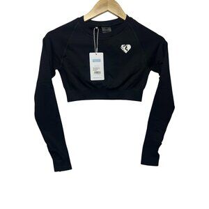 Women's Best Black Stretch Seamless Long Sleeve Crew Neck Crop Top Size Small